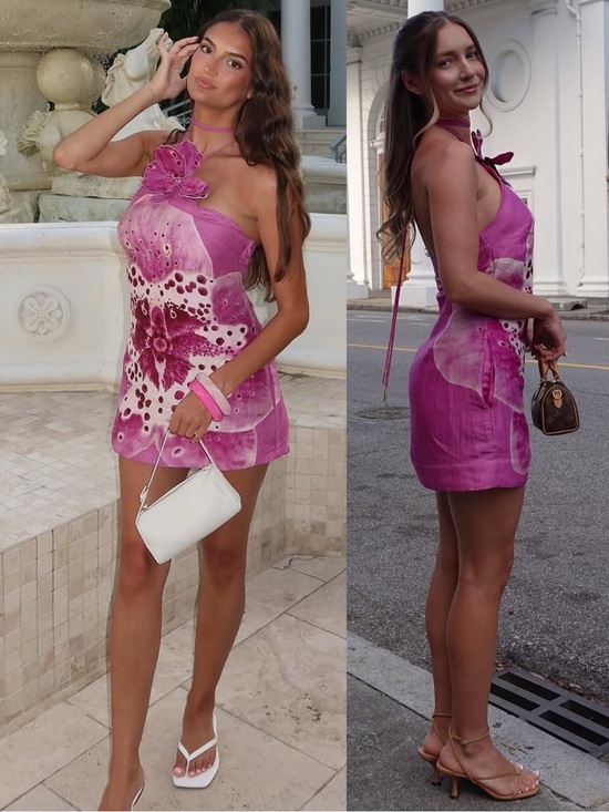 AMUR Dresses & Skirts - AMUR Everlee Orchid Print Linen Blend Halter Mini Dress Pink